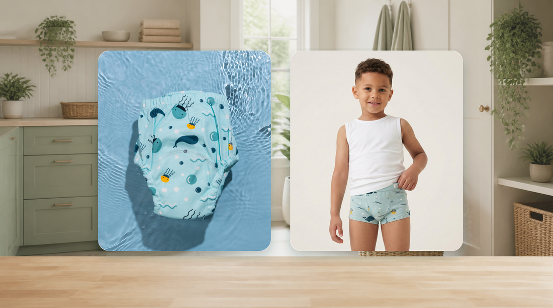 Rudie Baby Whales Toilet Training Pants and Toilet Training Underwear in a bright laundry