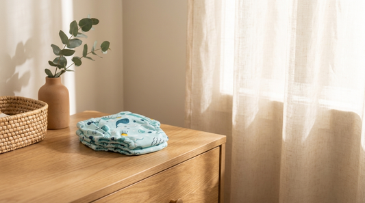 Folded Rudie Baby whales-print reusable training pants on a timber dresser in a sunlit Australian nursery