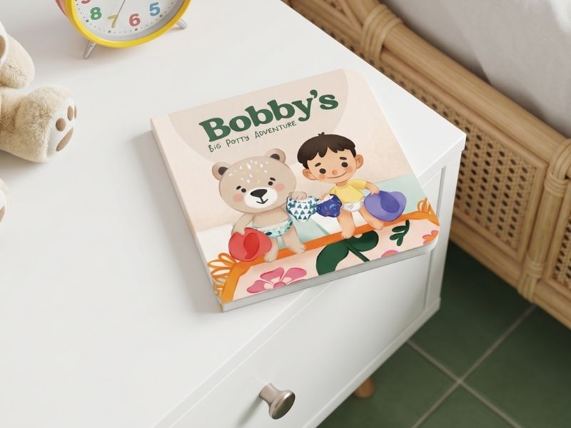 Bobby's Big Potty Adventure picture book on bedside table